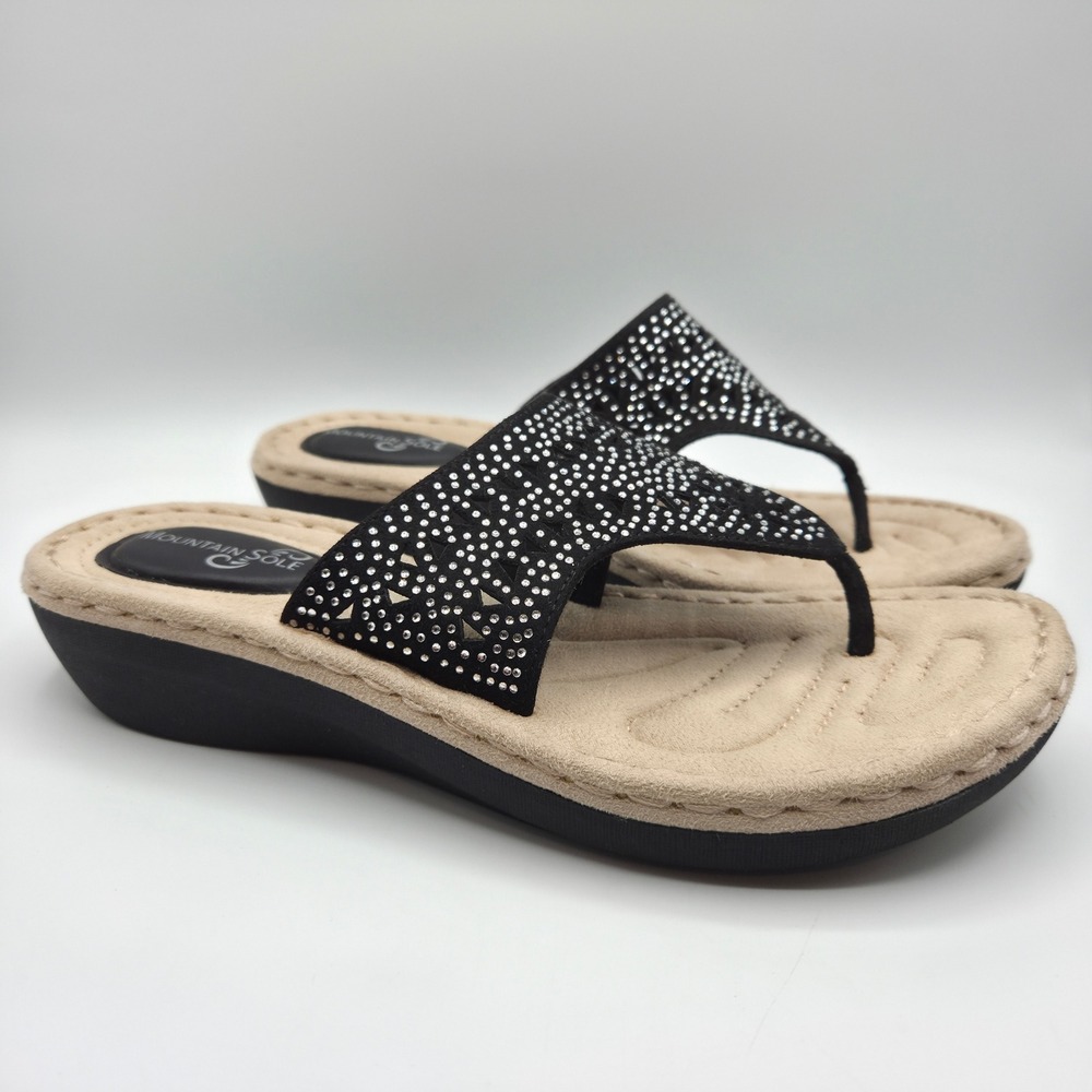 Mountain Sole Wedge Sandals Womens 8 Black Rhinestone‎ Laser Cut Thong Boho